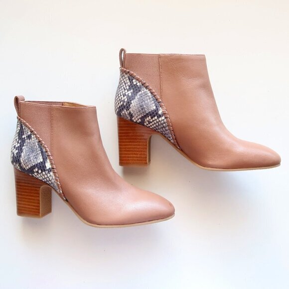 NEW Jack Rogers Tan Poppy High Heel Booties / Ankle Boots With Snakeskin Accent - Picture 1 of 15
